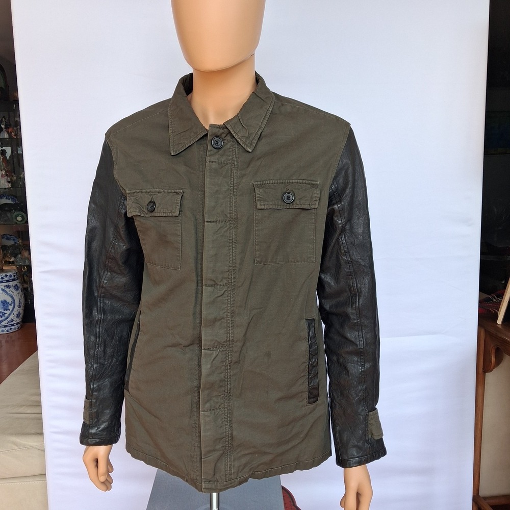 Danier Men's Leather Jacket L Army Green Mid-Length Classic Overcoat Coat Pocket